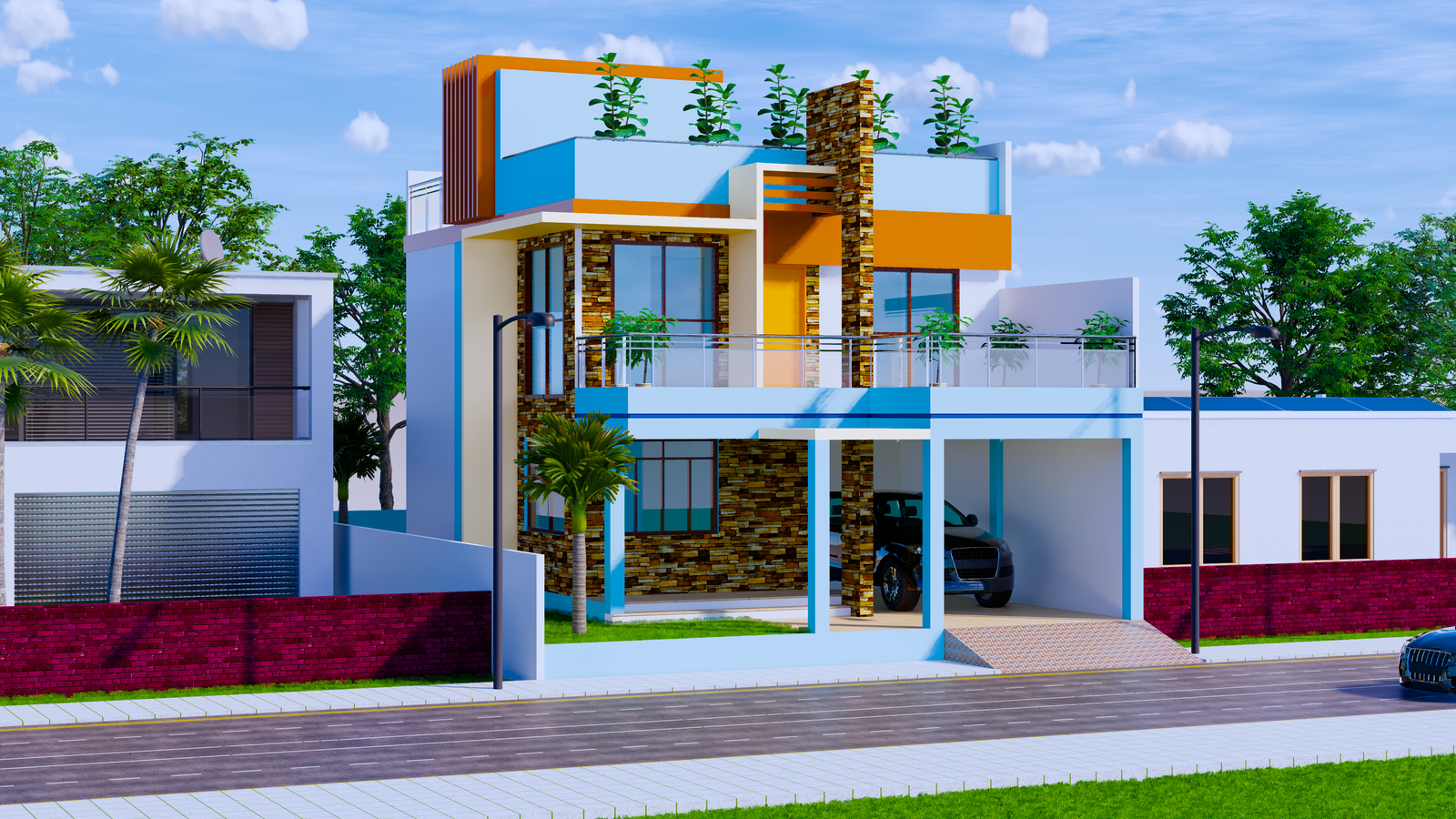 The most beautiful G+1 3d house elevation design Revit drawing file is available here.download the Revit file now.