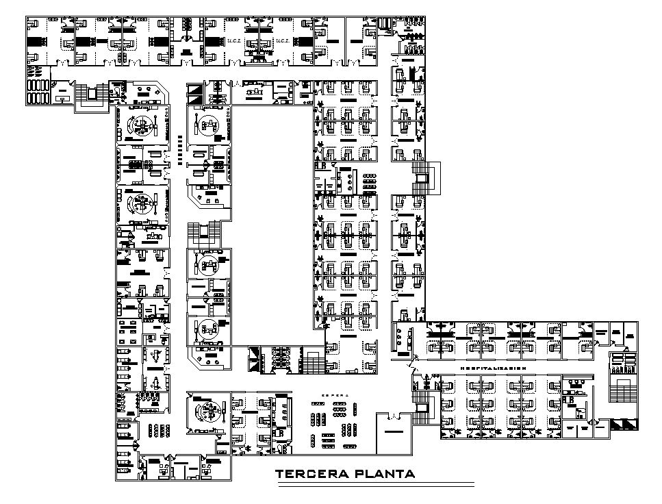 The multispecialty hospital third floor plan is given in this AutoCAD file