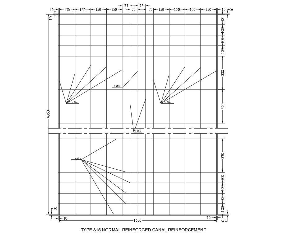 The normal reinforced canal reinforcement cross-section details are given in this drawing. Download the AutoCAD 2D DWG file.