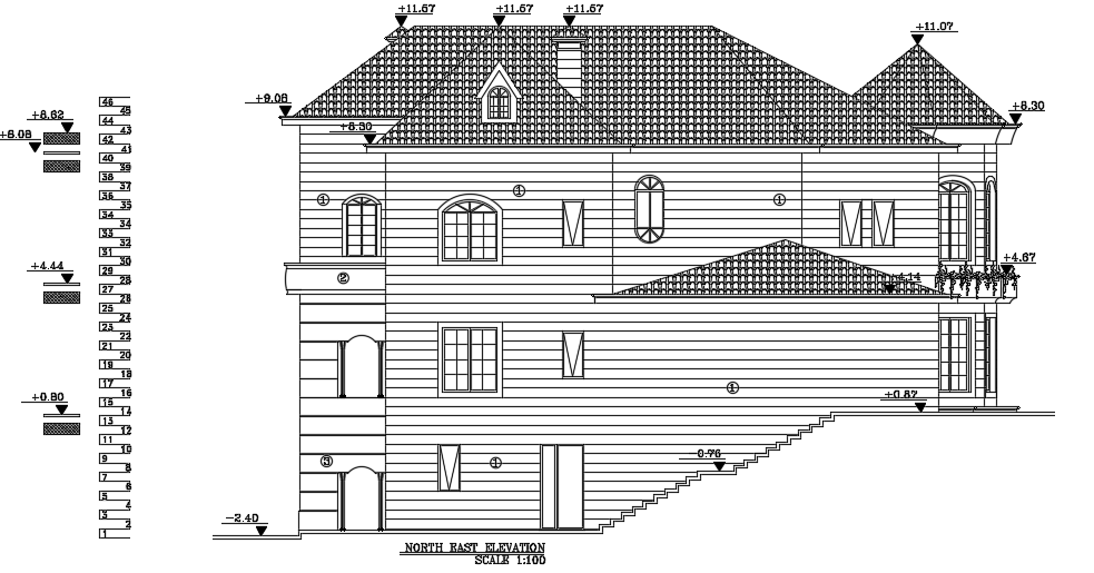 The northeast elevation view of the 18x17m house building