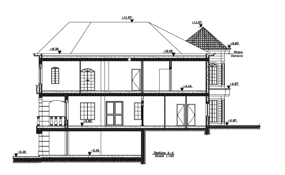 The northeast section view of the 18x16m villa building