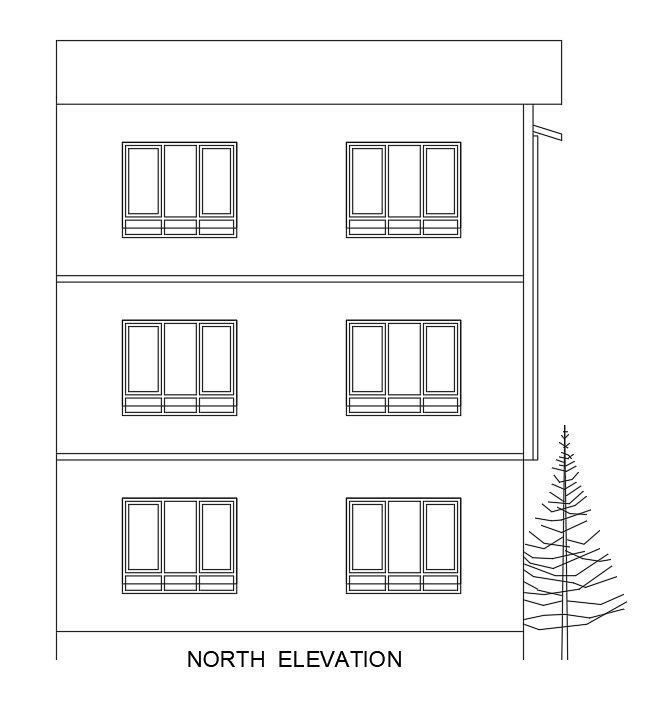 The north side elevation of the 24’x38’ house building is given in this AutoCAD drawing model.Download now.