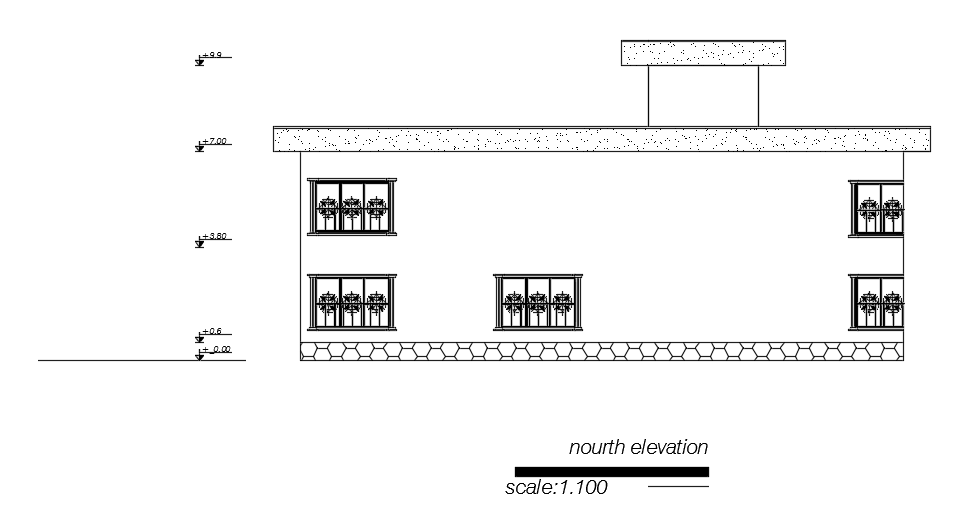 The north side elevation view of the 18x19m architecture 5bhk duplex house building CAD drawing