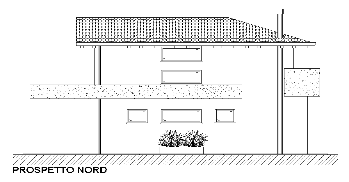 The north side elevation view of the 29’X27’ house building is given in this AutoCAD drawing model. Download now.