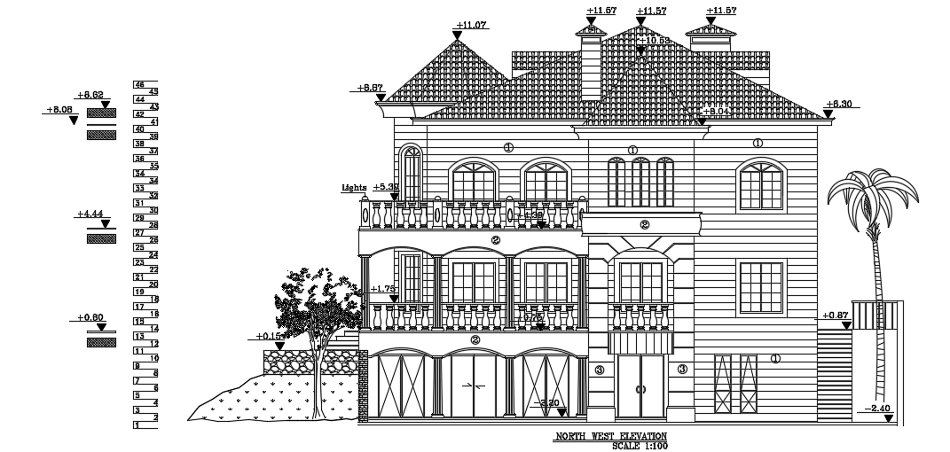 The northwest elevation view of the 18x17m house building