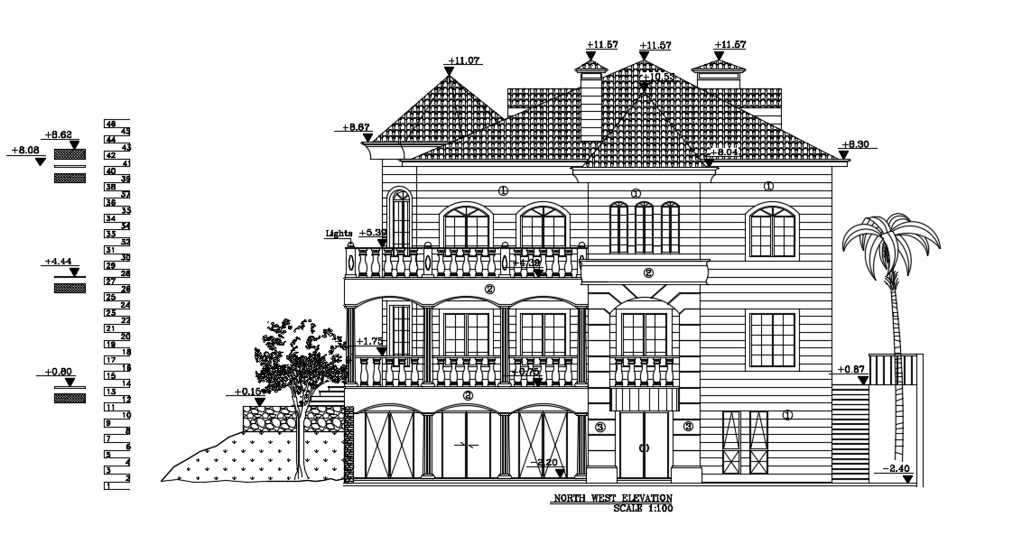 The northwest side elevation view of the 18x16m villa house building