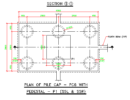 The plan of pile cap PC6 with pedestal section details is given in this AutoCAD DWG file. Download the CAD DWG file now.