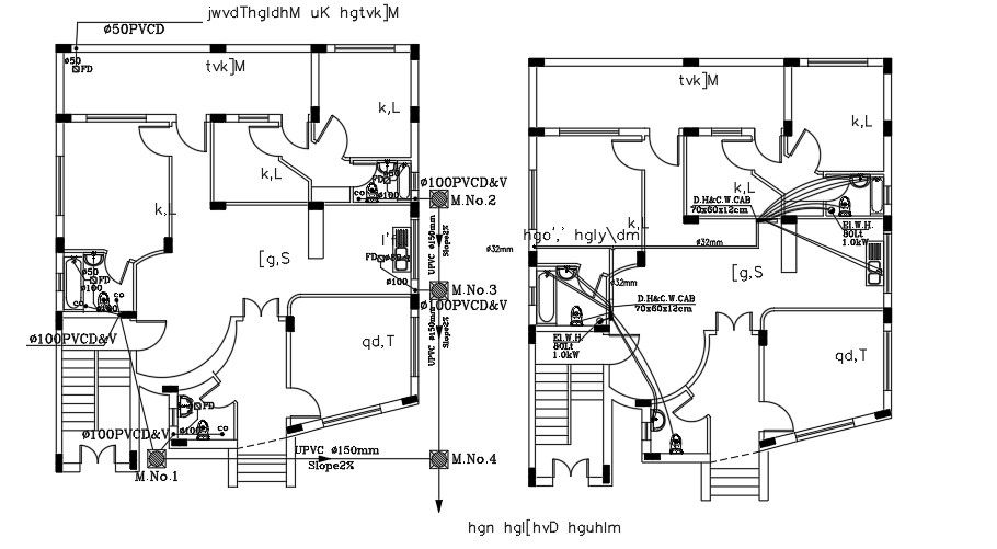 The plumbing layout of the 12x14m residential house plan AutoCAD drawing