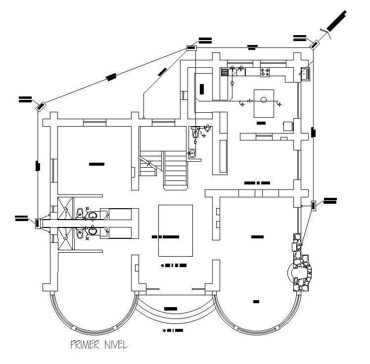 The plumbing layout of the 16x12m first floor house plan is given in this AutoCAD drawing model. Download now.