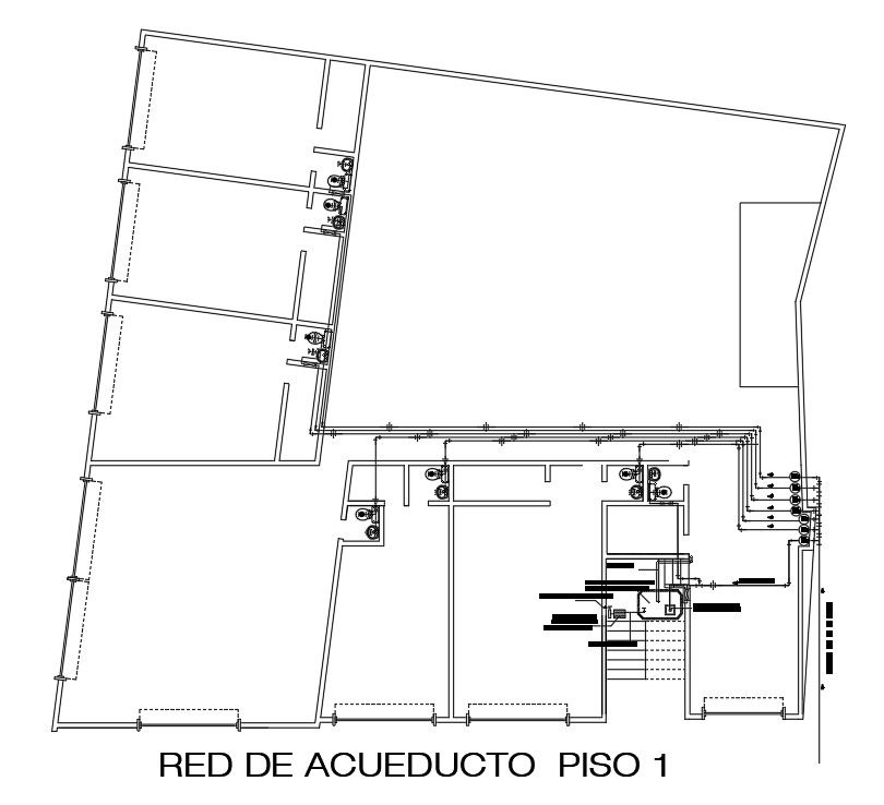 The plumbing layout of the 23x22m first floor shopping center plan is given in this AutoCAD drawing model. Download now.