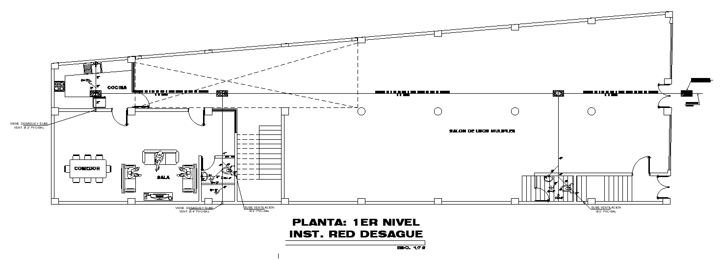 The plumbing layout of the 34x10m first floor house plan is given in this AutoCAD drawing model.