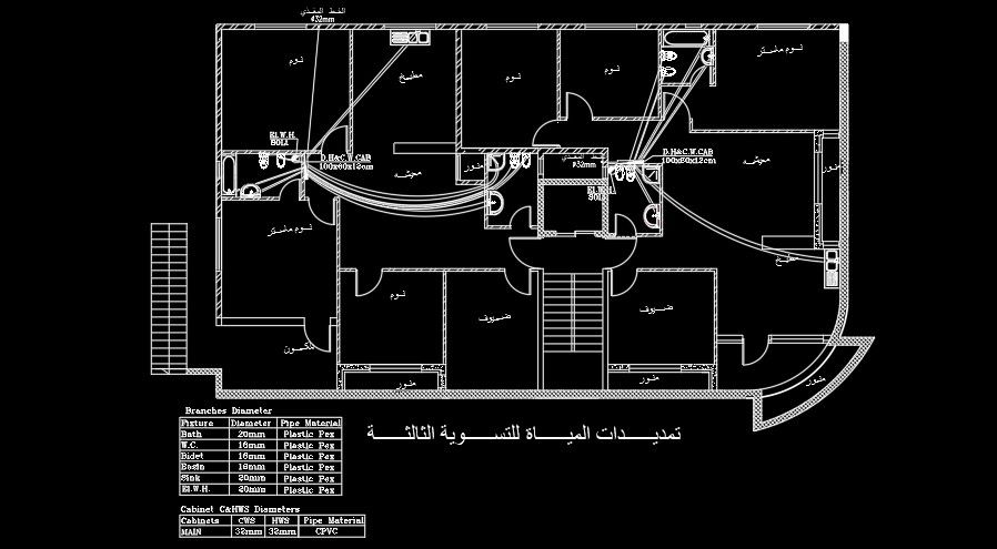 The plumbing layout of the 60x40 feet house plan AutoCAD drawing