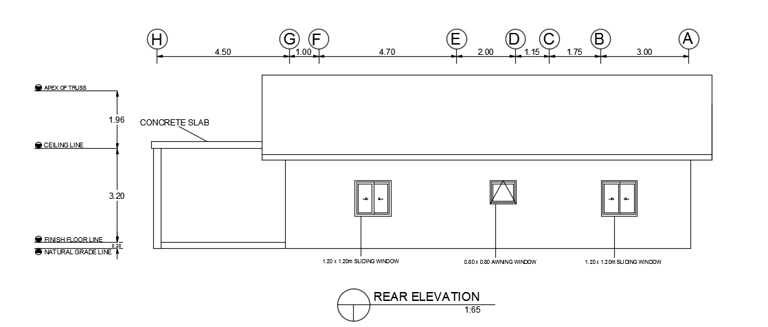 The rear elevation view of the 18x13m house building AutoCAD model