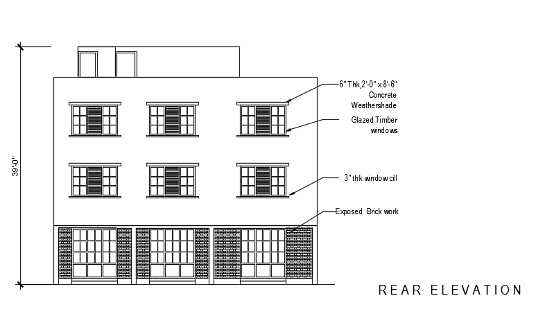 The rear elevation view of the 41x36 feet three story house building is given