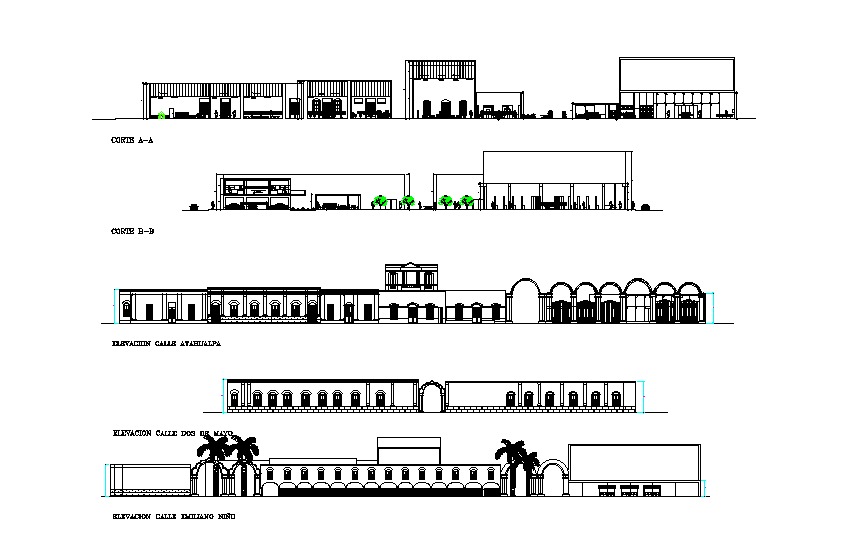 The resort side exterior elevation drawing presented in this AutoCAD file. Download this 2d AutoCAD drawing file.
