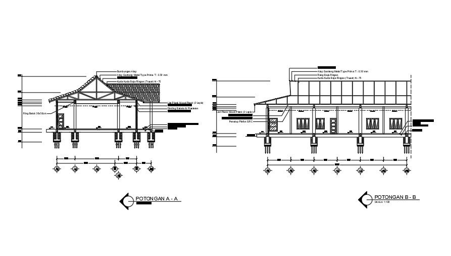 The right and front section view of the 36x11m ware house building