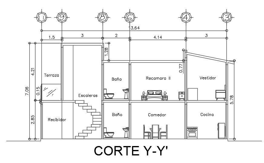 The right side cut section view of the 11x22m house building is given