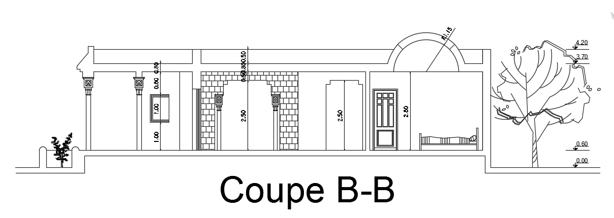 The right side cut section view of the 13x13m simple 2bhk house building