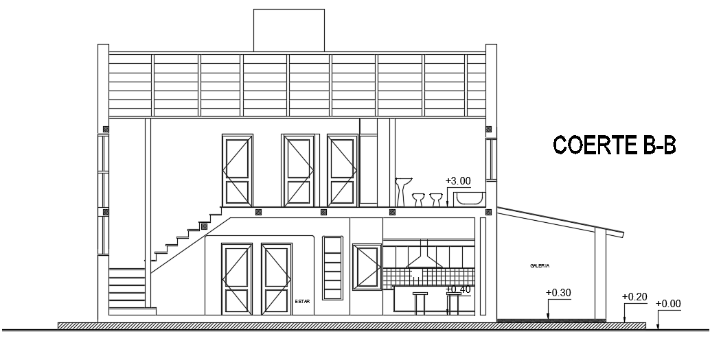 The right side cut section view of the 15x14m house building drawing