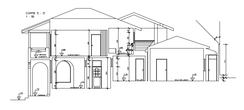 The right side cut section view of the 16x46m villa building AutoCAD drawing