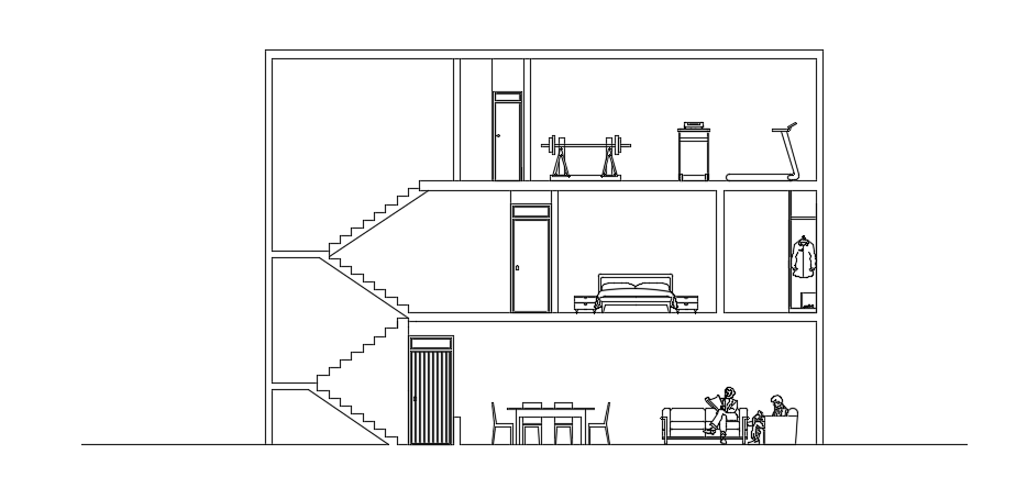 The right side cut section view of the 37x2m villa building