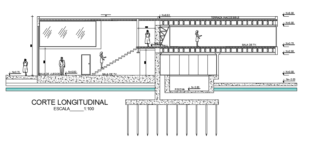The right side cut section view of the 40x18m villa building drawing is given in this file
