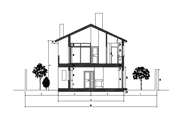 The right side cut section view of the 7x22m house building AutoCAD model