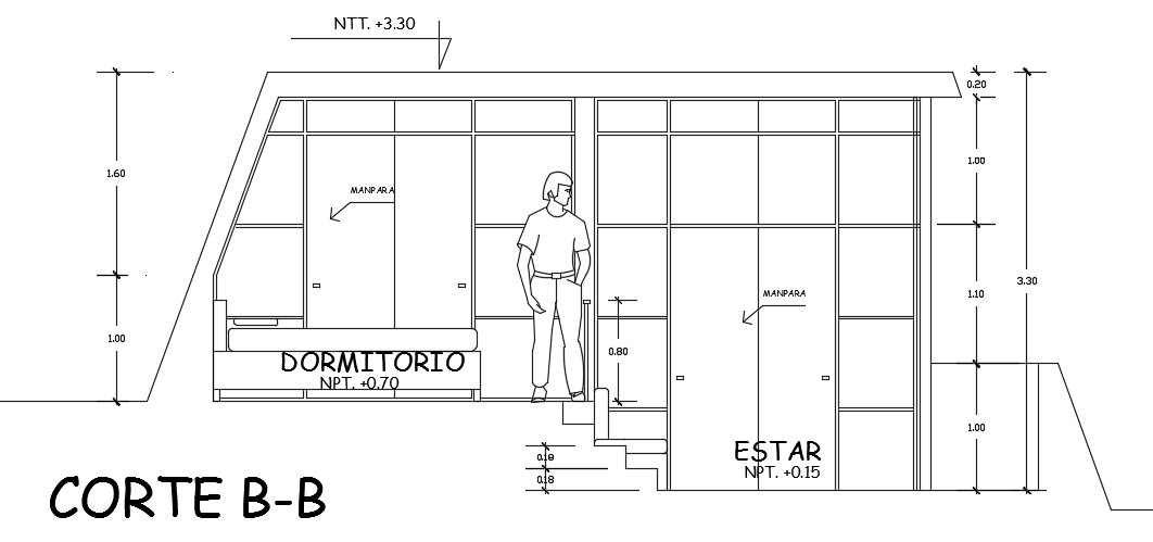 The right side cut section view of the 7x7m single story 1bhk house building