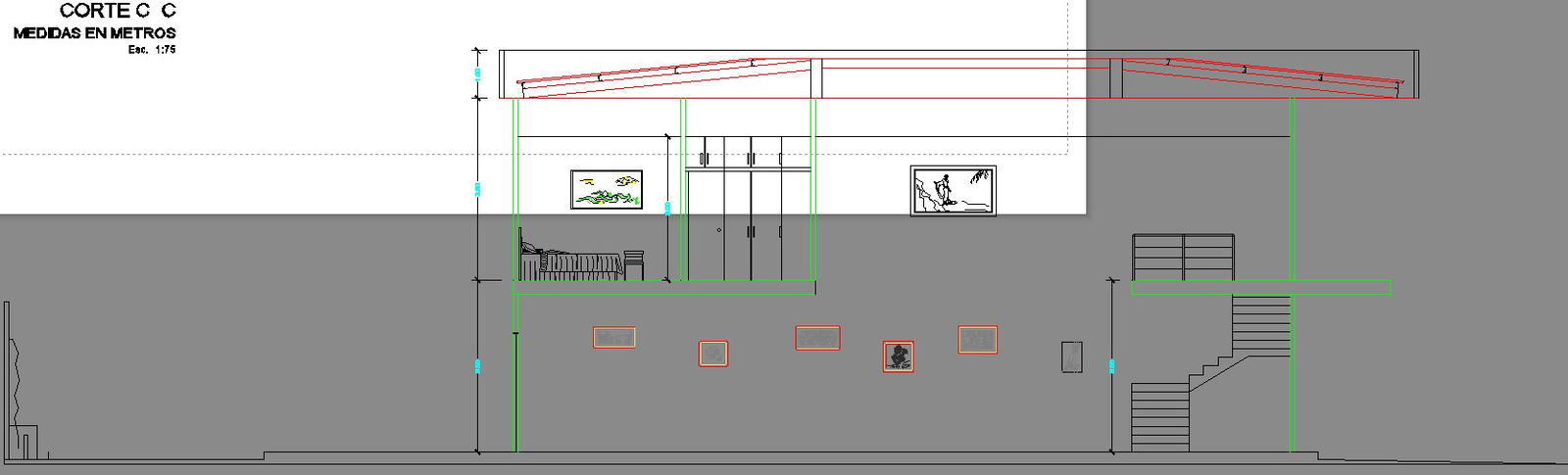 The right side cut section view of the 8x22m house building
