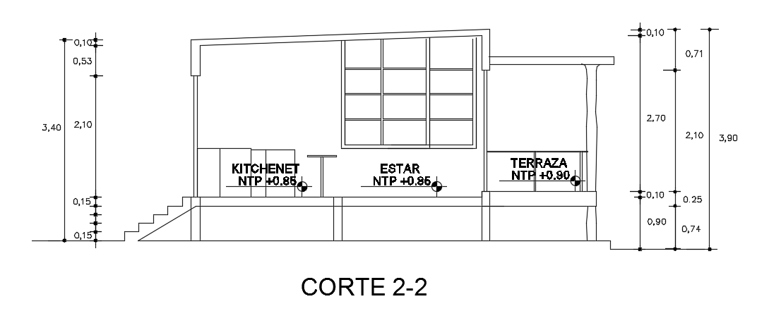 The right side cut section view of the 8x7m single story house building