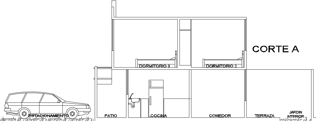 The right side cut section view of the 9X15m multifamily duplex house building CAD drawing