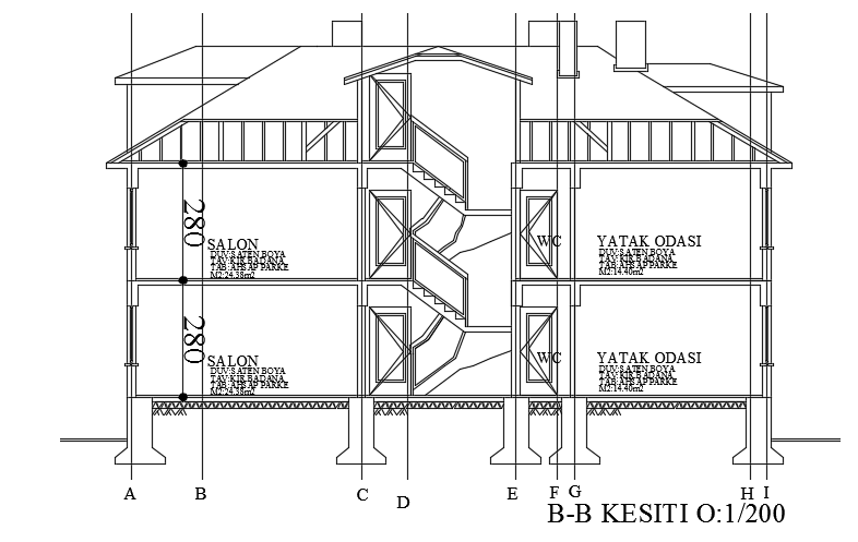 The right side cut section view of the 9x15m house building