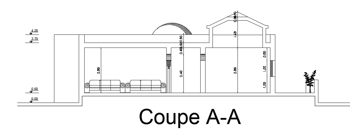 The right side cut section view of the 9x7m bungalow house building