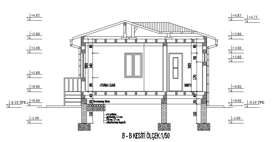 Right Side Cut Section View of 9x7m Bungalow DWG Plan
