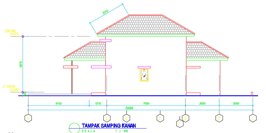 The right side elevation view of the 10x20m bungalow building