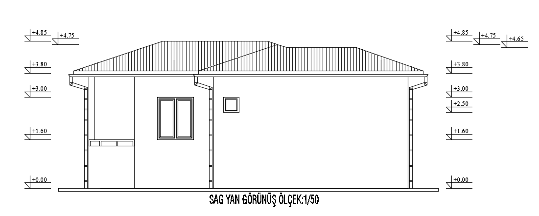 The right side elevation view of the 10x8m architecture 1bhk house building