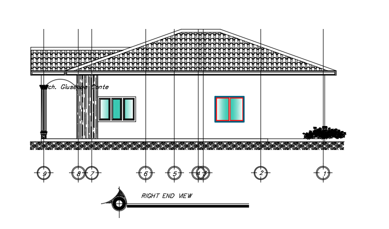 The right side elevation view of the 11x14m house building model