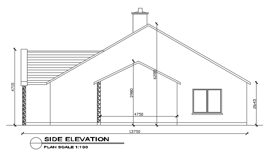 The right side elevation view of the 13x20m house building