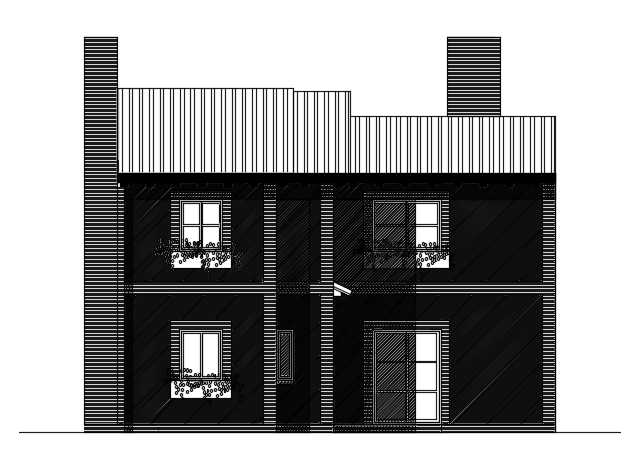 The right side elevation view of the 14x16m two story duplex house building