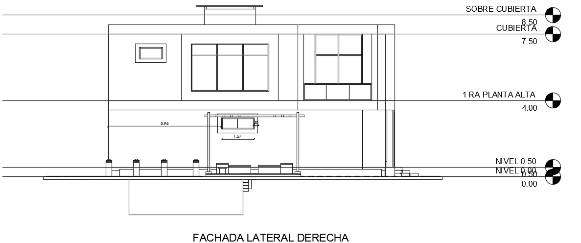 The right side elevation view of the 14x17m house building