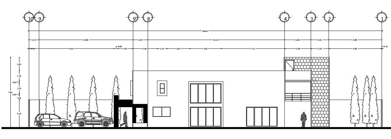 The right side elevation view of the 15x0m house building CAD drawing