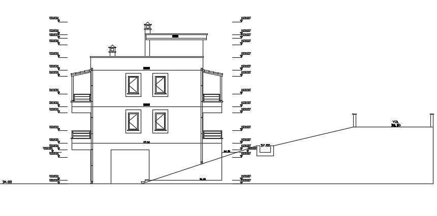 The right side elevation view of the 15x11m architecture house building