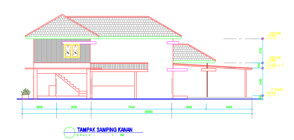 The right side elevation view of the 15x20m house building drawing