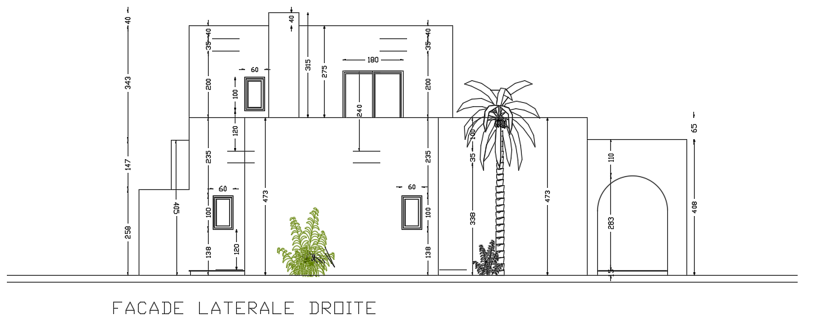 The right side elevation view of the 16x15m bungalow house building