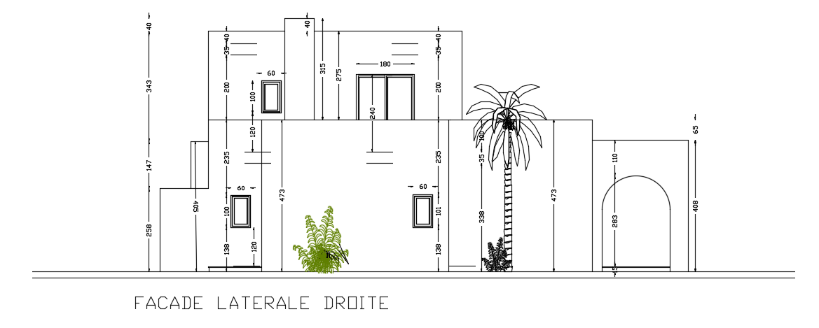 The right side elevation view of the 16x15m house building