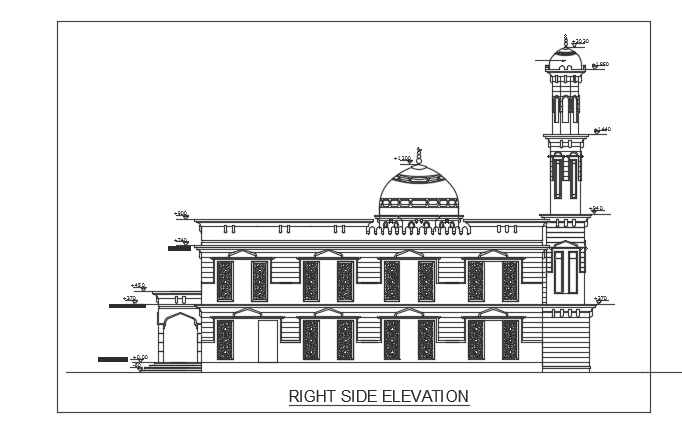 The right side elevation view of the 16x25m mosque building Autocad model