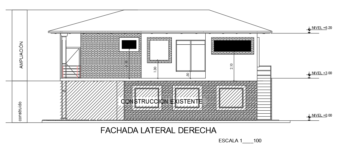 The right side elevation view of the 17x14m house building