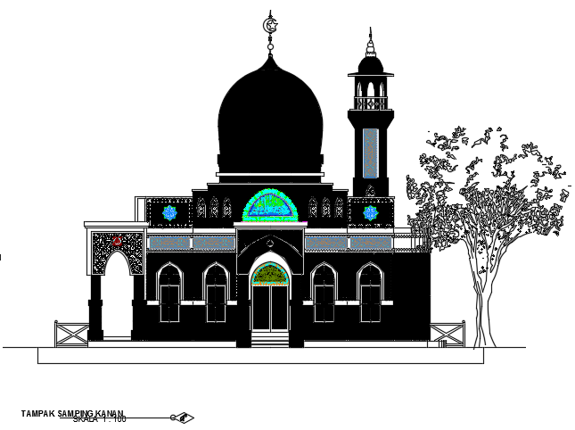 The right side elevation view of the 19x17m mosque building