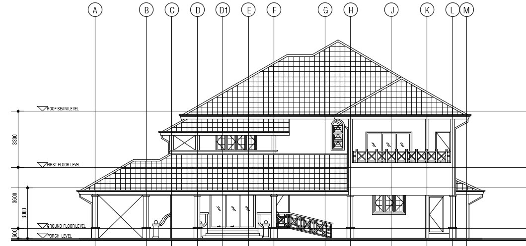 The right side elevation view of the 20x22m two story house building drawing