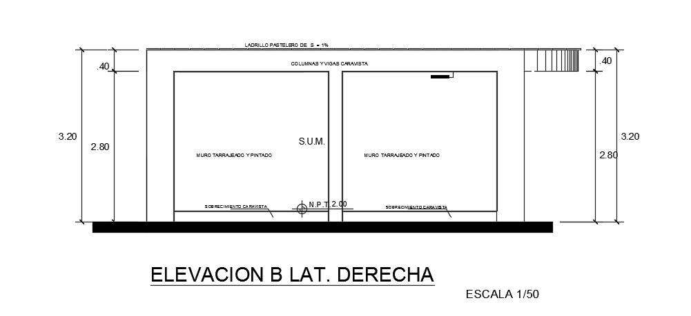 The right side elevation view of the 20x7m college conference hall building